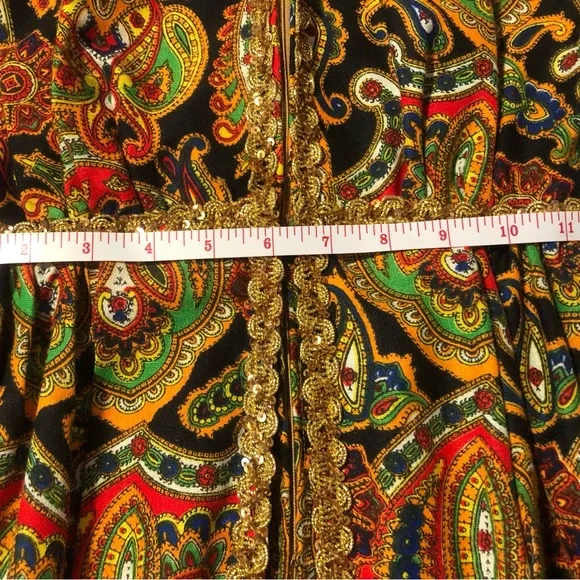 Vintage 60s 70s Psychedelic Paisley Palazzo Jumpsuit Gold Rick Rack Trim S-XS - Picture 10 of 12
